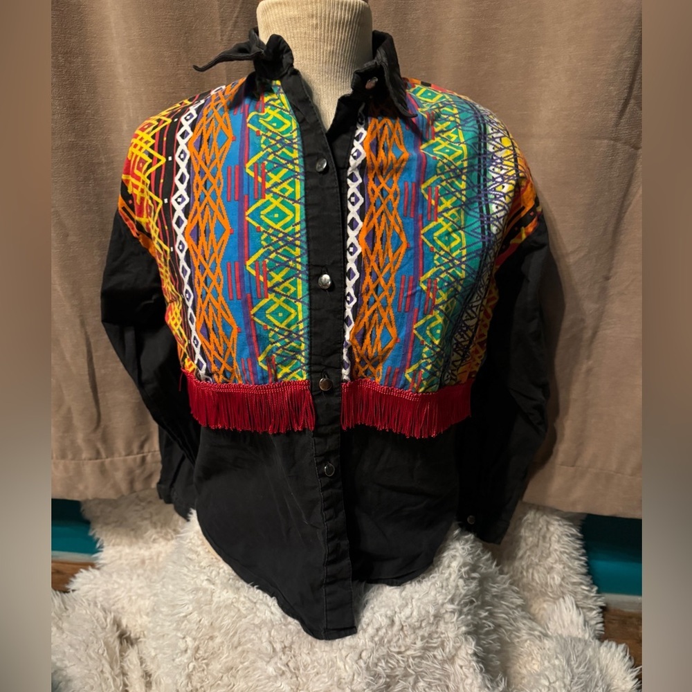 Vintage Saisa Womens Medium Western Fringe Rodeo Long Sleeve Shirt Black - Picture 3 of 5